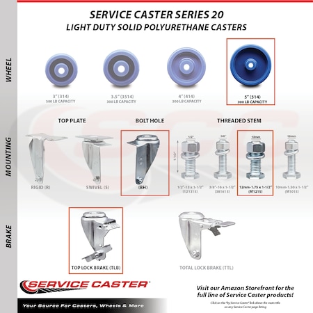 Service Caster 5 Inch SS Solid Polyurethane Swivel 12mm Threaded Stem Caster with Brake SCC SCC-SSTS20S514-SPUS-TLB-M1215